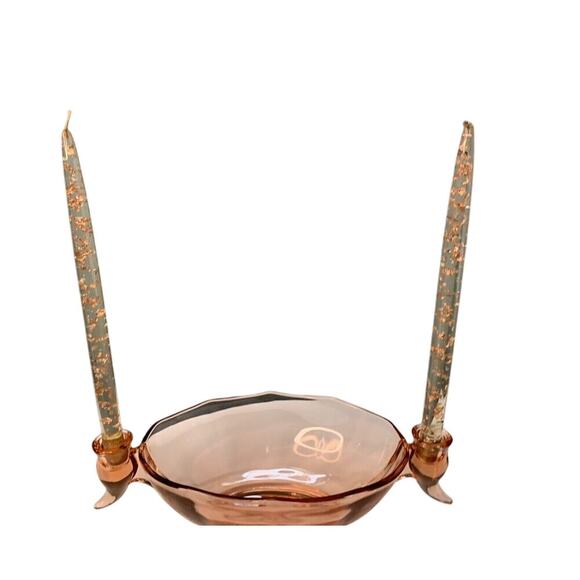 Fostoria Fairfax Pink Rose Depression Glass Vintage Oval Bowl w/ Candle Holder - Picture 10 of 13